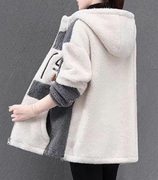 Hoodie Long Sleeve Color Block Embroidery Fleece Loose Hooded Teddy Jacket For Women