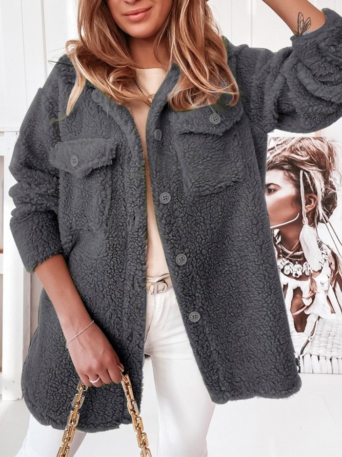 Shawl Collar Long Sleeve Plain Fleece Micro-Elasticity Loose Teddy Jacket For Women