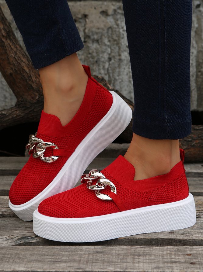 Casual Plain Breathable Slip On Block Heel Fly Woven Shoes Chain