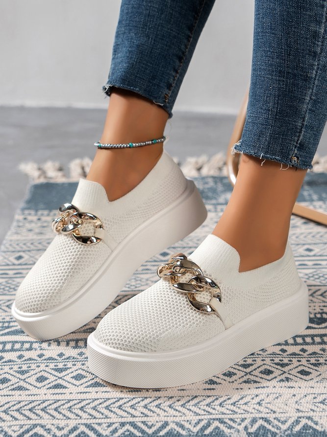 Casual Plain Breathable Slip On Block Heel Fly Woven Shoes Chain