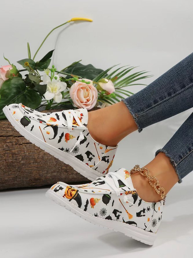 Casual Halloween Non-Slip Lace-Up Flat Heel Boat Shoes Printing