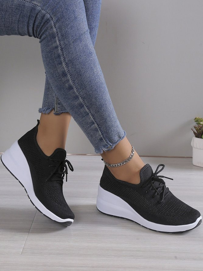 Casual Plain Breathable Lace-Up Block Heel Fly Woven Shoes Hollow Out