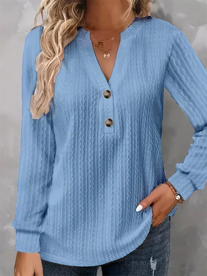 Notched Long Sleeve Plain Buttoned Regular Micro-Elasticity Loose Shirt For Women