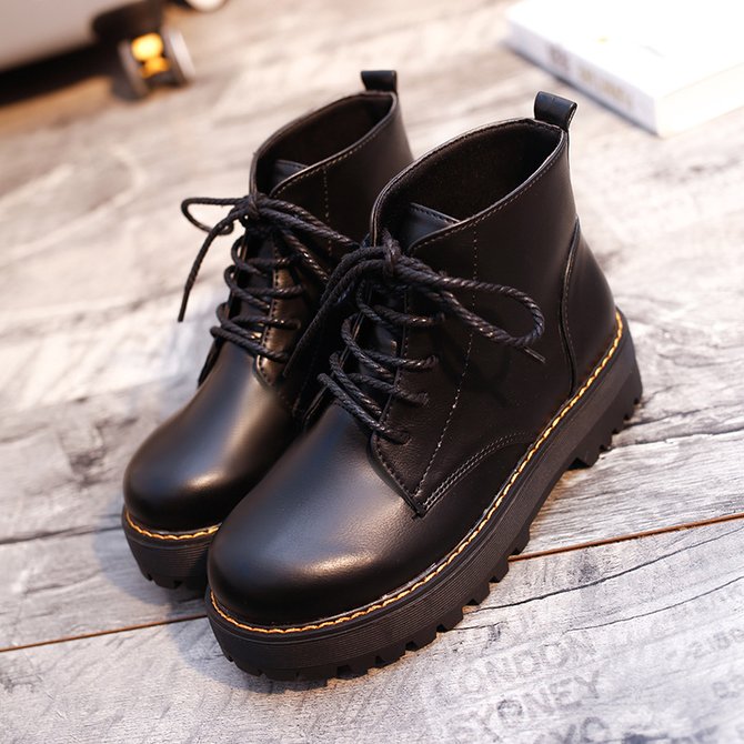 Simple Plain Lace-Up Low Heel Straight Boots