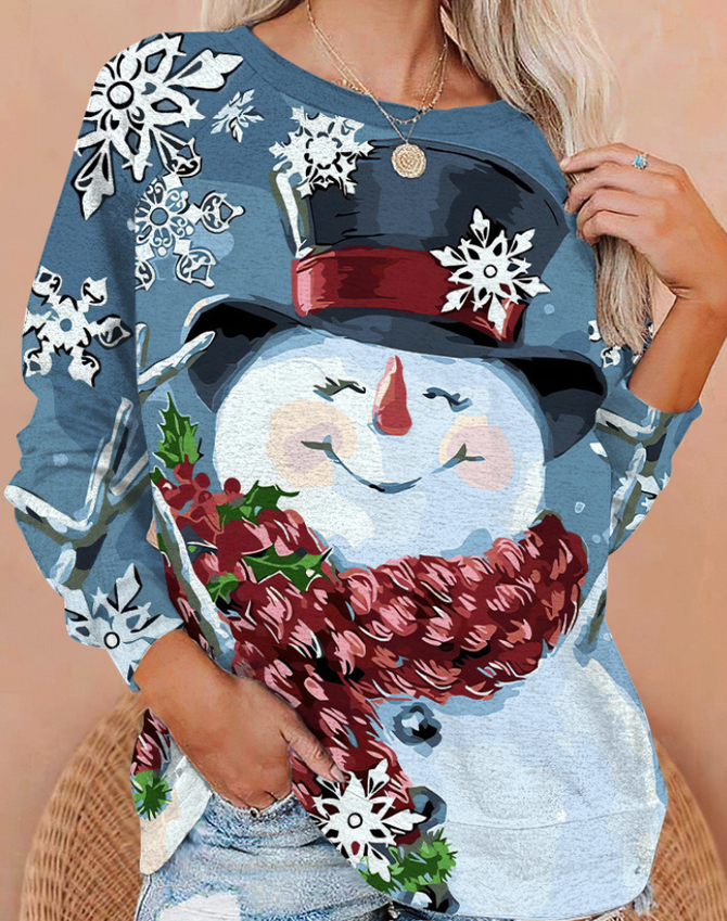 Casual Crew Neck Christmas Snowman Sweatshirt