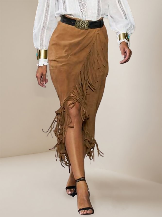 Boho Plain H-Line Natural Tassel Midi Skirt