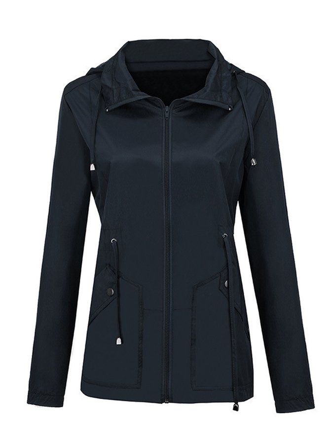 Hoodie Long Sleeve Plain Zipper Regular Micro-Elasticity Loose Hooded Trench Coat For Women