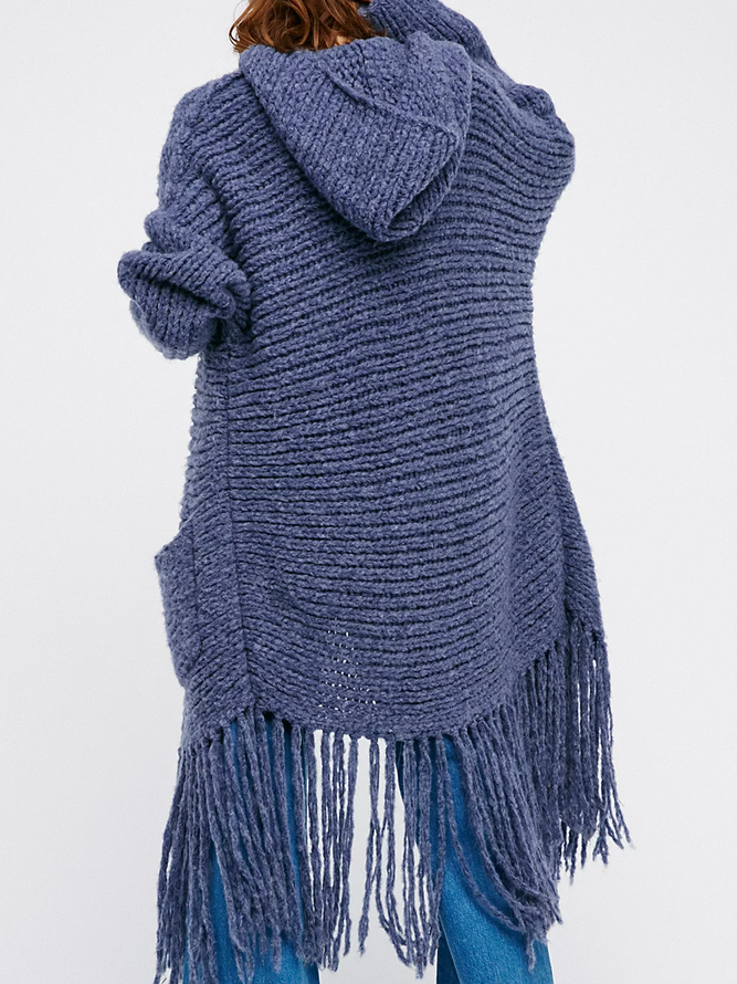 Women Yarn/Wool Yarn Plain Long Sleeve Comfy Boho Tassel Cardigan