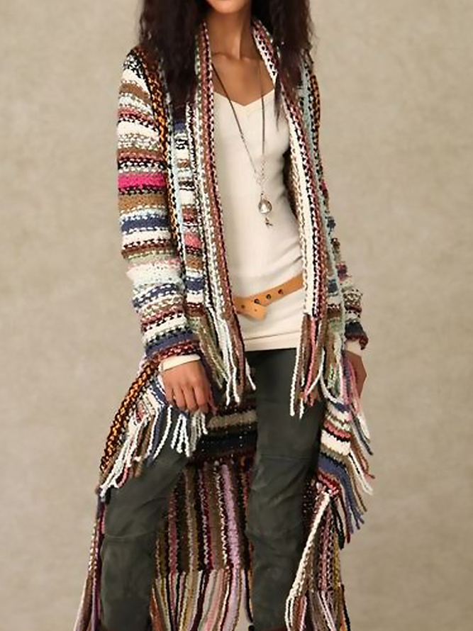 Women Yarn/Wool Yarn Striped Long Sleeve Comfy Boho Tassel Cardigan