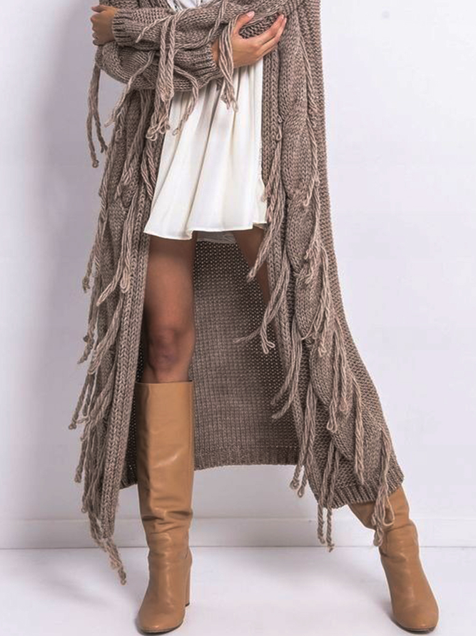 Women Yarn/Wool Yarn Plain Long Sleeve Comfy Boho Tassel Cardigan
