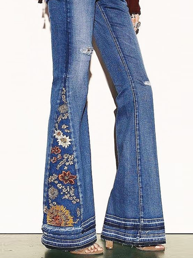 Floral Embroidery Pockets Boho Denim Jeans