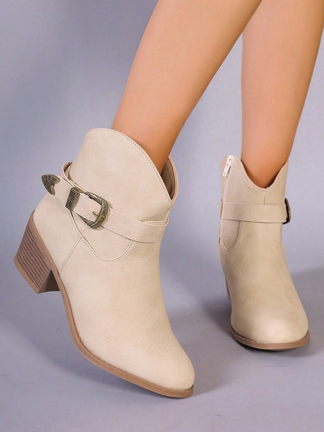 Vintage Plain Non-Slip Zipper Block Heel Cowboy Boots Buckle
