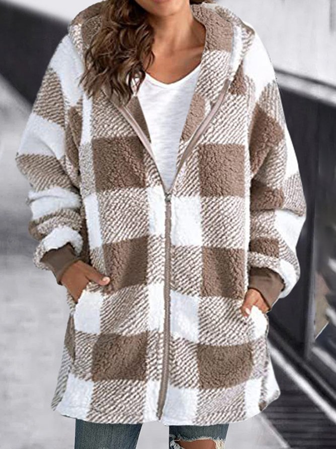Women Casual Winter Plaid Hoodie Natural No Elasticity Loose H-Line Fleece Teddy Jackets