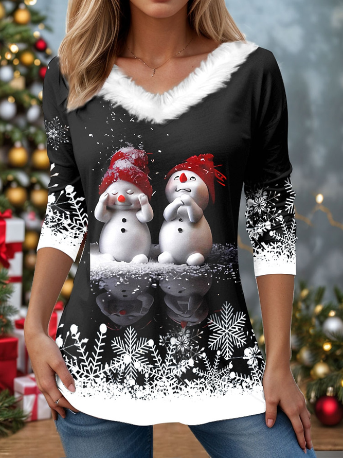 Casual Christmas Snowman V Neck Long Sleeve T-shirt