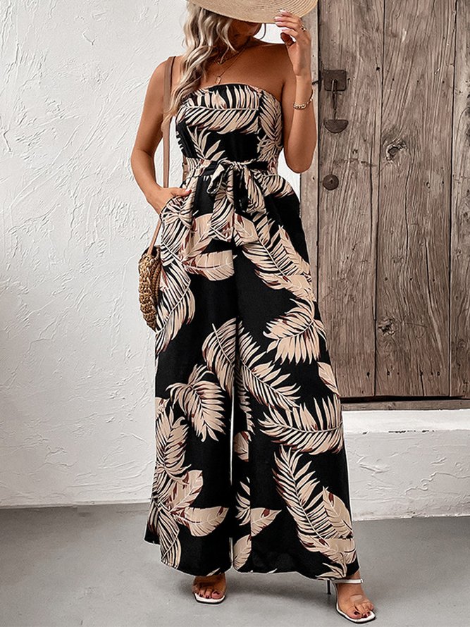 Women Casual Summer Leaf Polyester Natural Daily Sleeveless H-Line Regular Jumpsuits