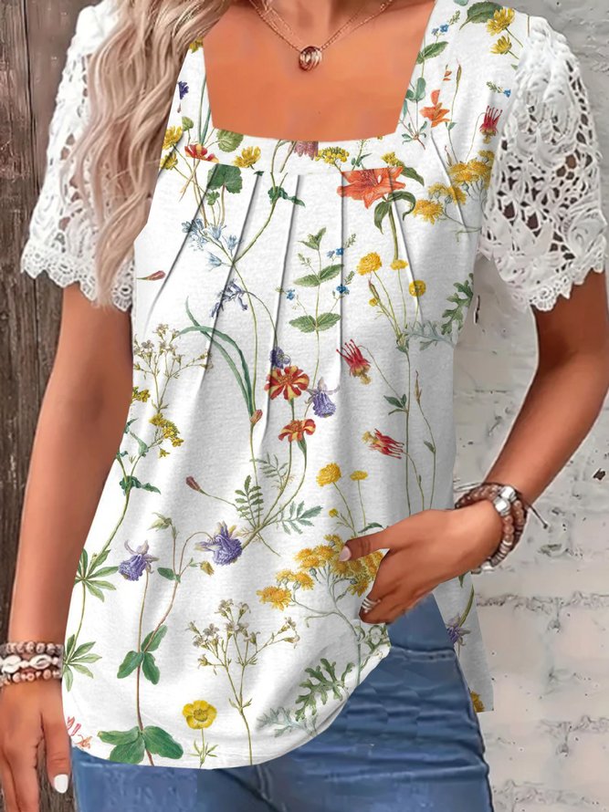 Women Casual Floral Summer Lace No Elasticity Daily Lace Short Sleeve Regular Shirts