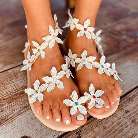Pi Clue Brown Wedding Flower Flat Heel Sandals | noracora