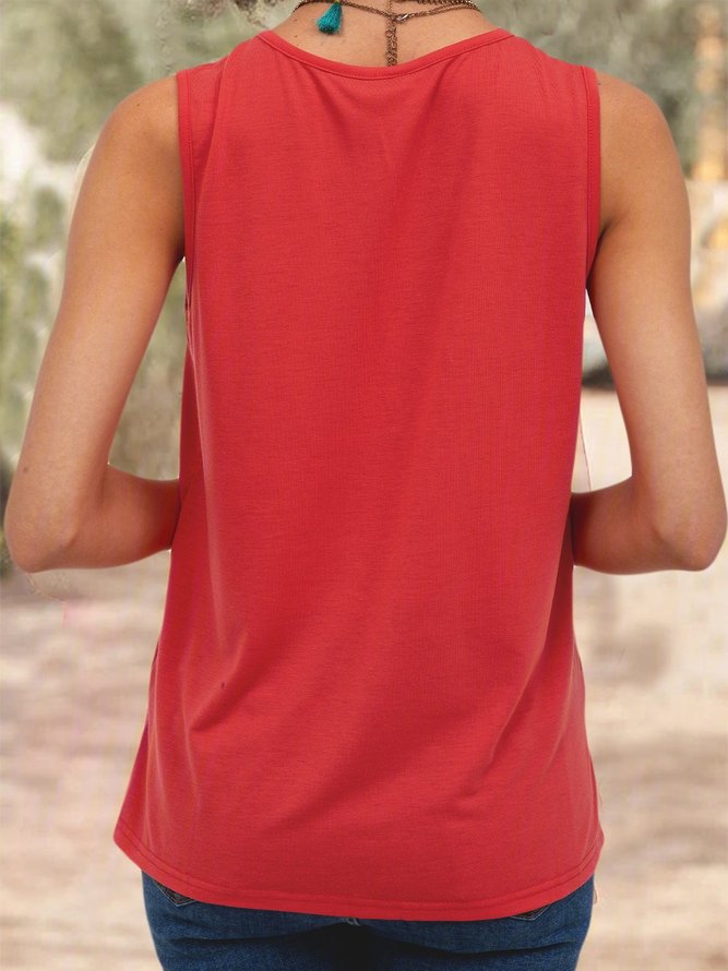 V Neck Solid Hollowed Sleeveless Shirts & Tops