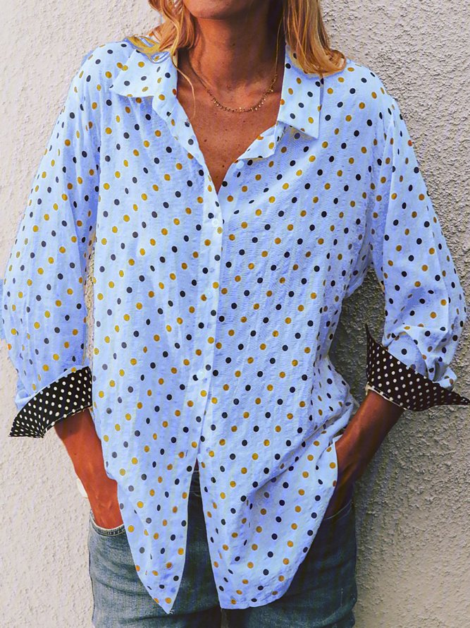 Women Long Sleeve Cotton Polka Dot Shirt
