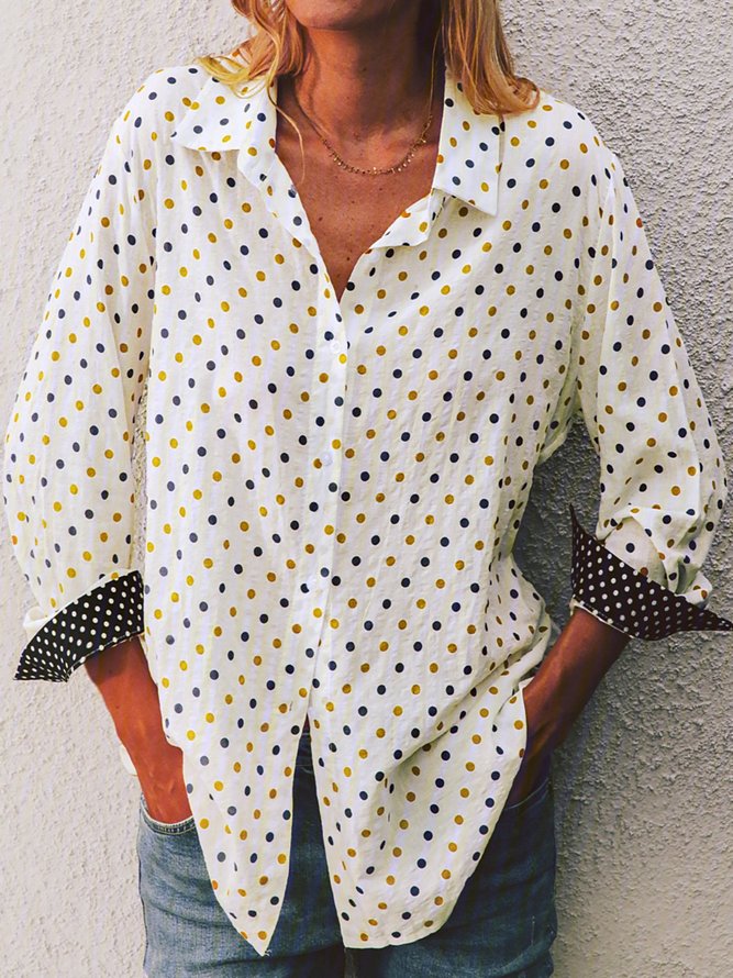 Women Long Sleeve Cotton Polka Dot Shirt