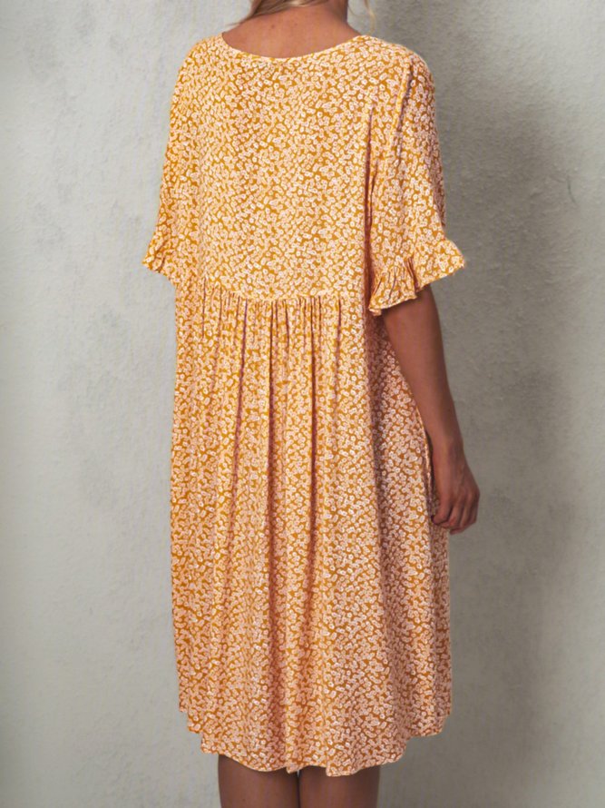 Women Floral Printed Short Sleeve Vintage Weaving Tunic Dress