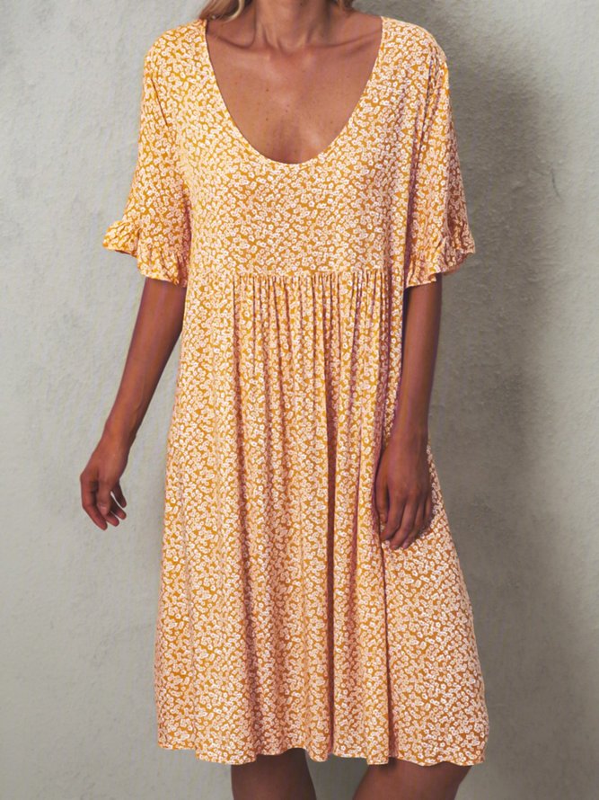 Women Floral Printed Short Sleeve Vintage Weaving Tunic Dress
