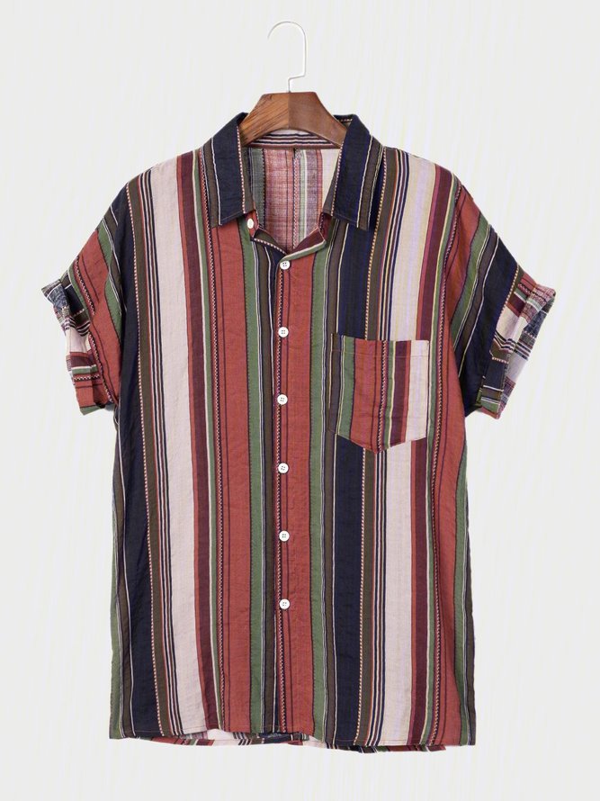 Men's Ethnic Colorful Vertical Stripe Printed Holiday Casual Short Sleeve Shirt