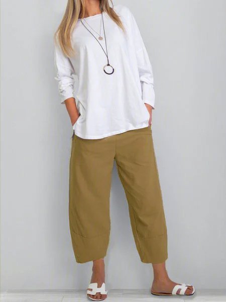 Crop Pants Women Solid Pockets Pants