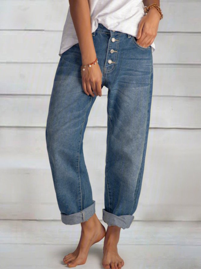 Cotton Loosen Blue Casual Buttoned Jeans