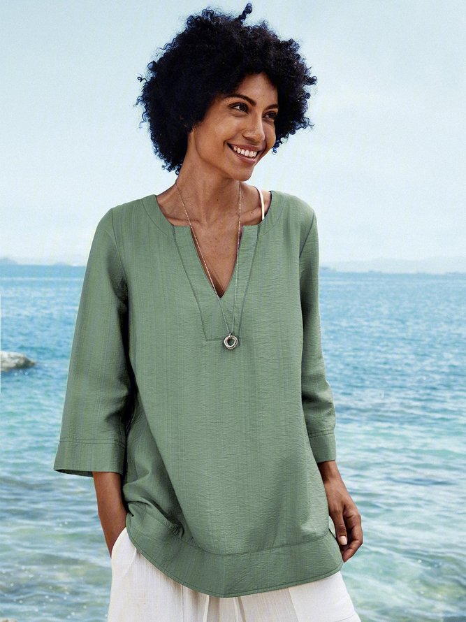 Army Green Cotton 3/4 Sleeve Tops | noracora