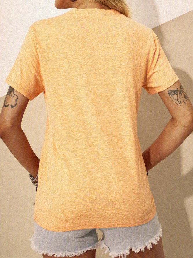 Light Orange Floral-Print Round Neck Short Sleeve Tops