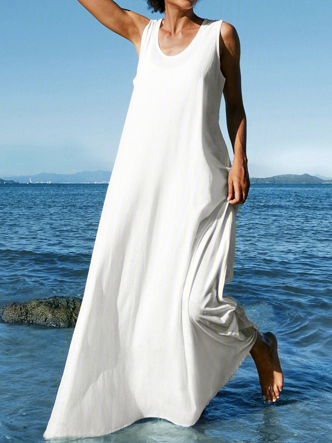Summer Plus Size Sleeveless U-Neck Linen Maxi Knitting Dress