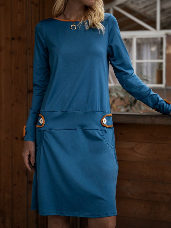 Blue Plain Vintage Color-Block Crew Neck Knitting Dress