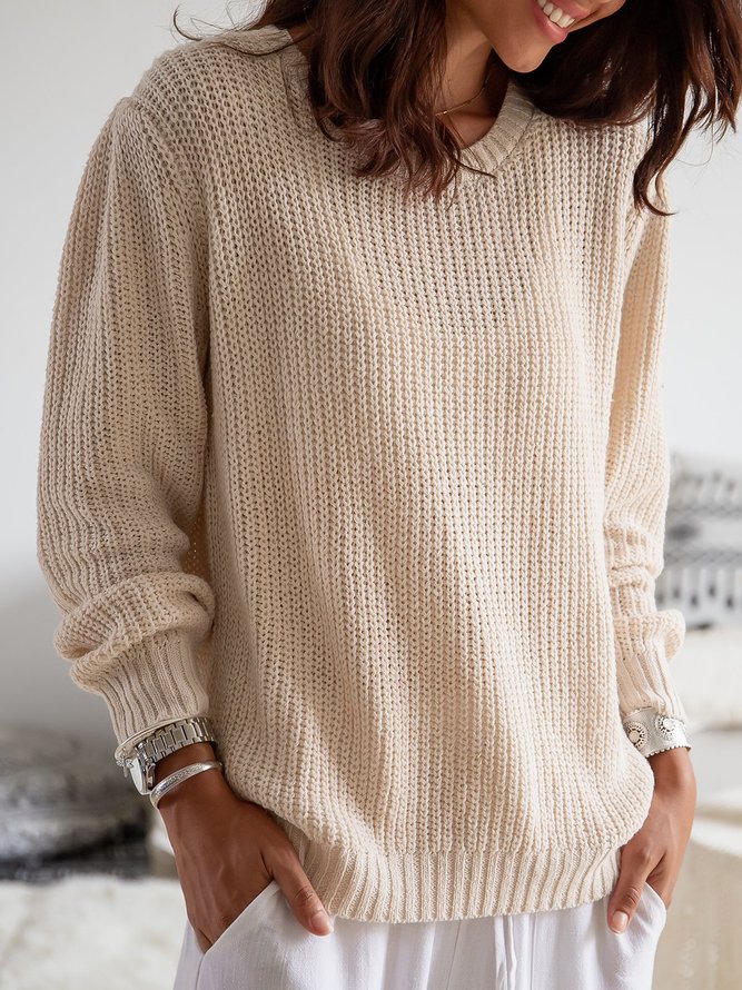 Beige Solid Simple Long SleeveSweater | noracora