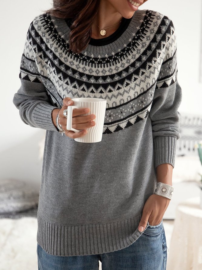 Gray Knitted Cotton Long Sleeve Round Neck Sweater
