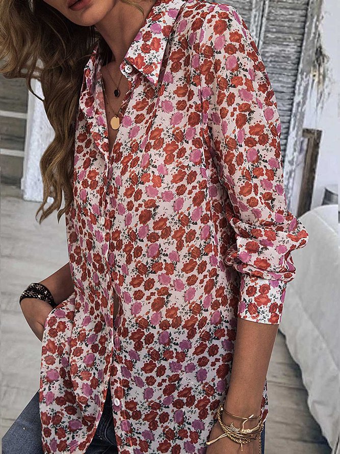 Red Floral Casual Floral-Print Shirt Collar Tops