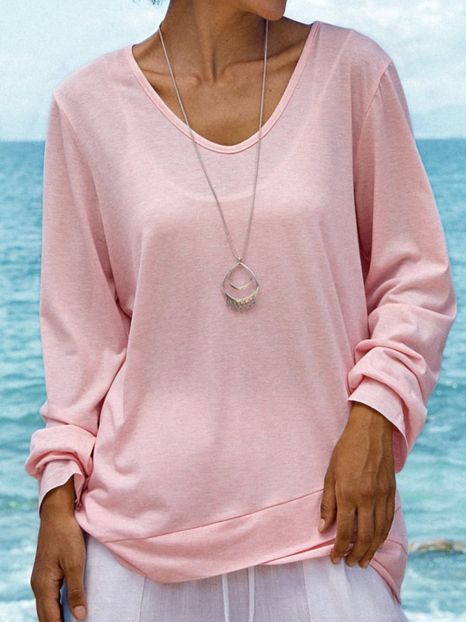 Cotton-Blend Casual V Neck Solid Sweatshirts