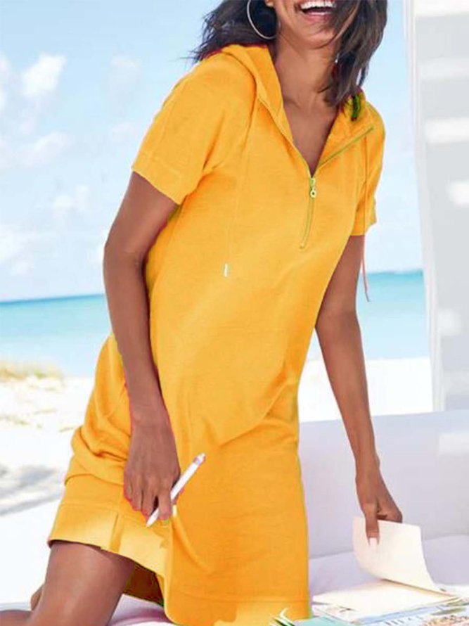 Orange Casual Hoodie Solid Short Sleeve Knitting Dress