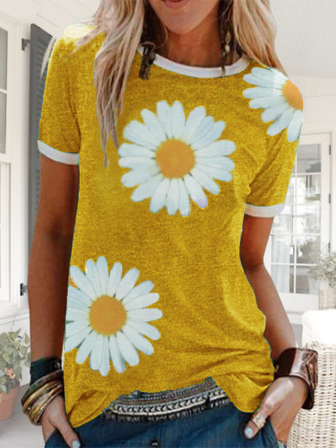 Plus size Short Sleeve Daisy Casual T-shirt | Clothing | Green Cotton ...