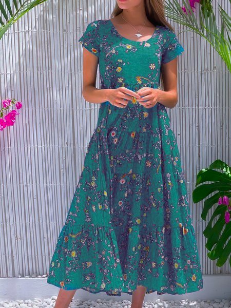 Casual Floral Print Sleeveless Cotton Blend Weaving Dress Noracora 
