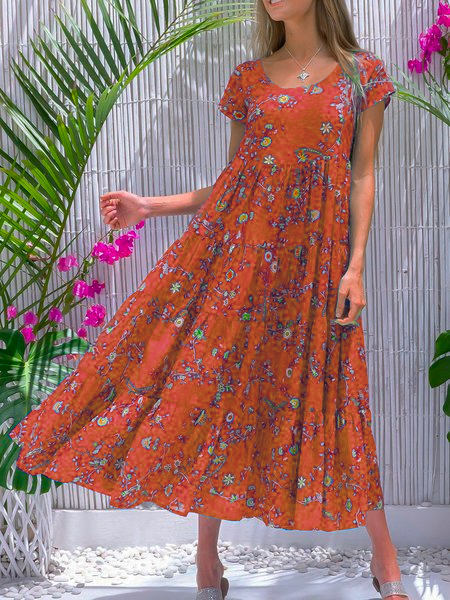 Casual Floral-Print Sleeveless Cotton-Blend Weaving Dress | noracora