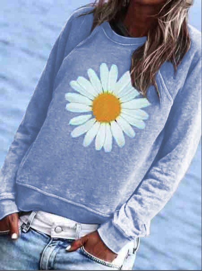 Cotton-Blend Crew Neck Floral Casual T-shirt