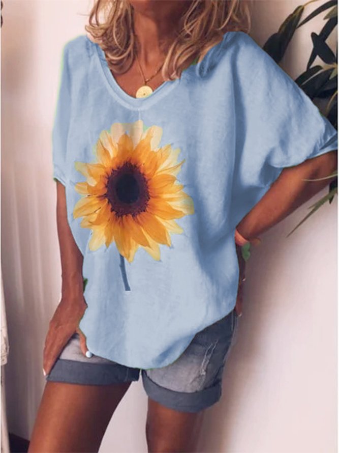 Loose casual sunflower printed short sleeve round neck Tunic T-Shirt ...