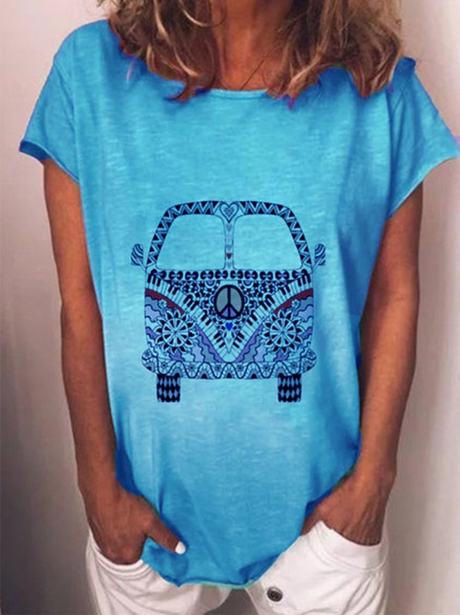 Cyan Printed Round Neck Short Sleeve Tops Clothing Cyan Cotton Blend Printed Round Neck 1891