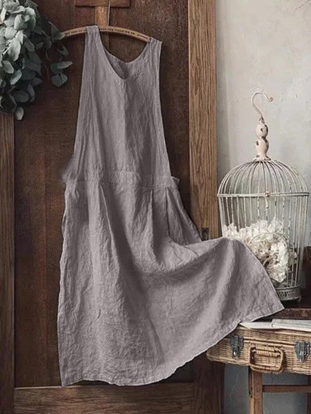 Vintage Plain Sleeveless Plus Size Casual Weaving Dress