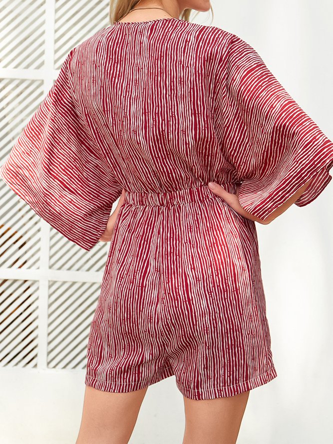 Stripes Floral-Print Casual V Neck Jumpsuit & Romper