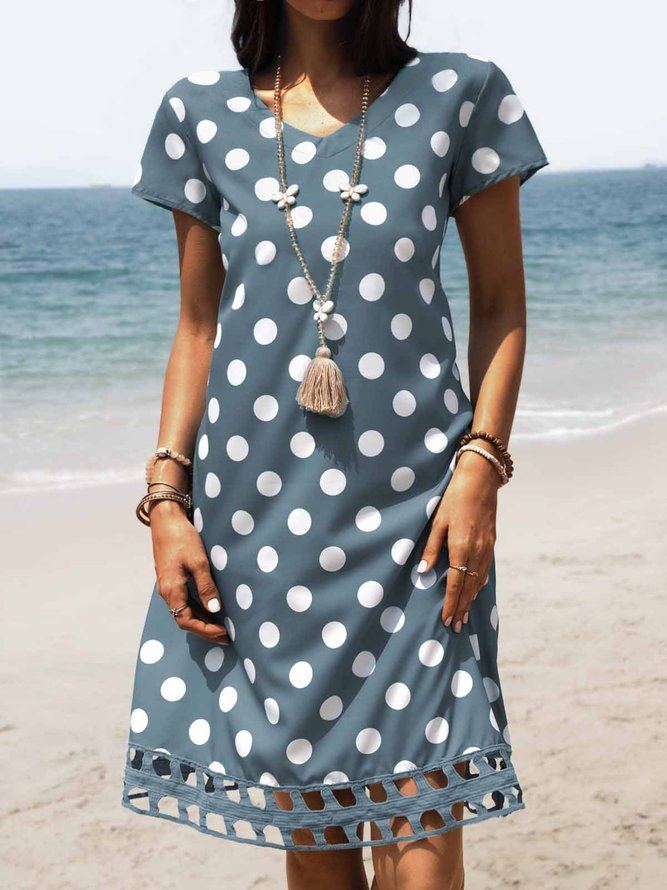 Women V-Neck Short Sleeve Hollow Polka Dot Summer Dress