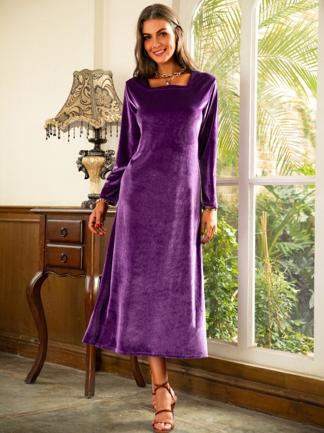 Women Gray Square Neck Plain Velvet Elegant Weaving Dress