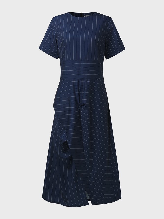 Vintage Striped Short Sleeve Crew Neck Plus Size Casual Weaving Dress