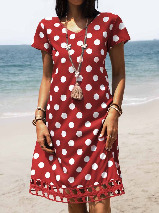 Women V-Neck Short Sleeve Hollow Polka Dot Summer Dress